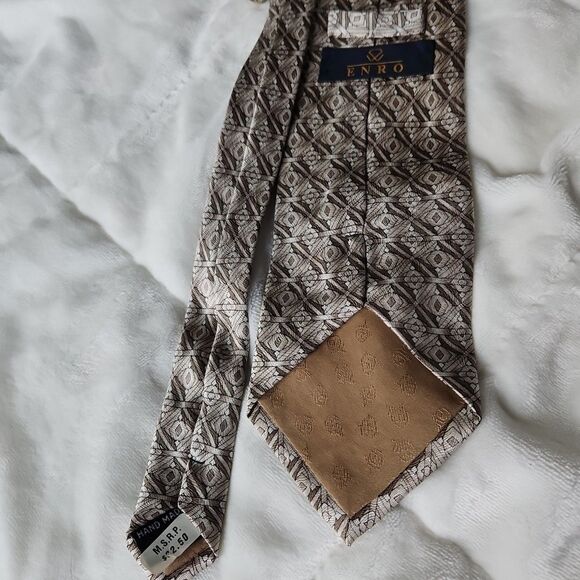 ENRO Handmade 100% Silk Mens Necktie, Geometric olive green black and cream - Picture 7 of 7